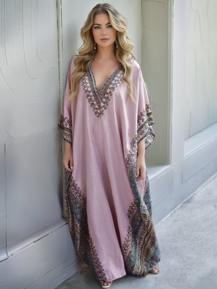 Contton & Linen Long Sleeve Kaftan Maxi Dress