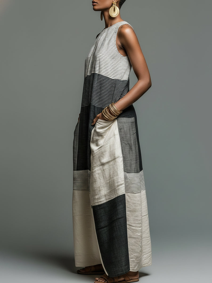 Color-block Striped Sleeveless Maxi Dress with Pockets