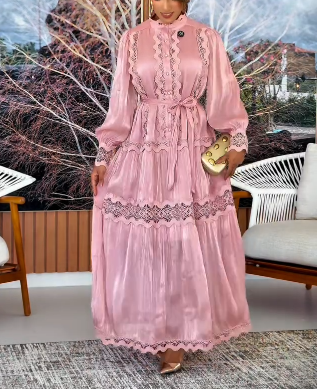Lace Spliced Tie Waist Maxi Dress
