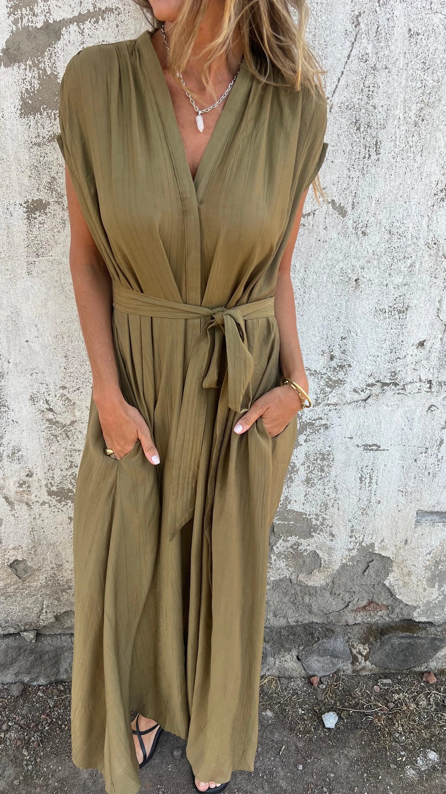 Women'S Casual V-Neck Tie Short Sleeve Dress