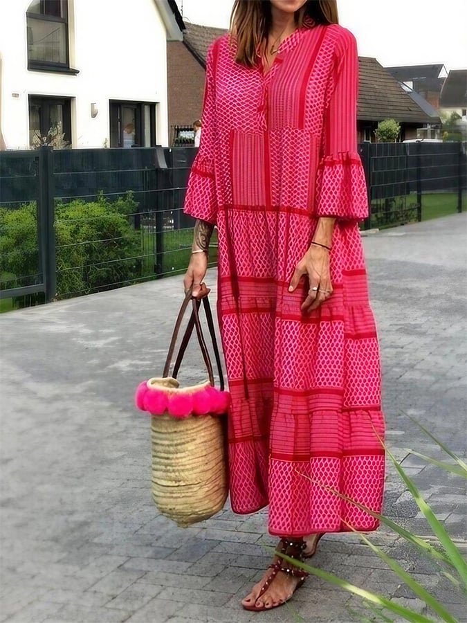 Women'S V-Neck Bell Sleeve Holiday Print Dress