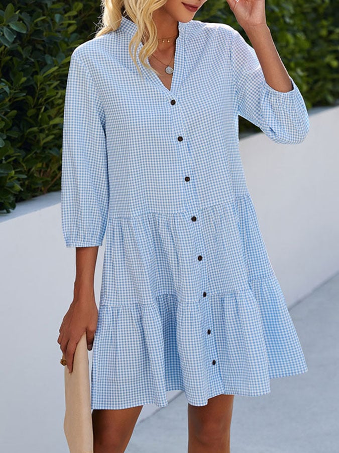 Women'S Casual Plaid Print V-Neck Three-Quarter Sleeve Shirt Dress