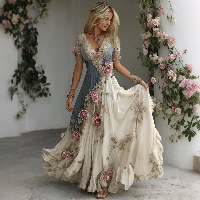Women's Roses Embroidered Art Patchwork V Neck Short Sleeve Maxi Dress