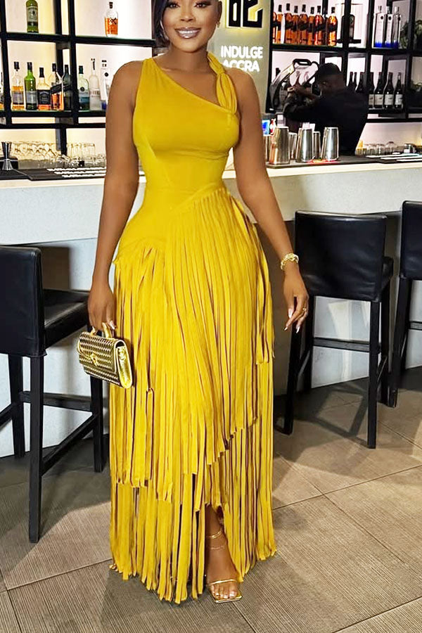 Asymmetrical Neckline Bodycon Fringe Maxi Dress