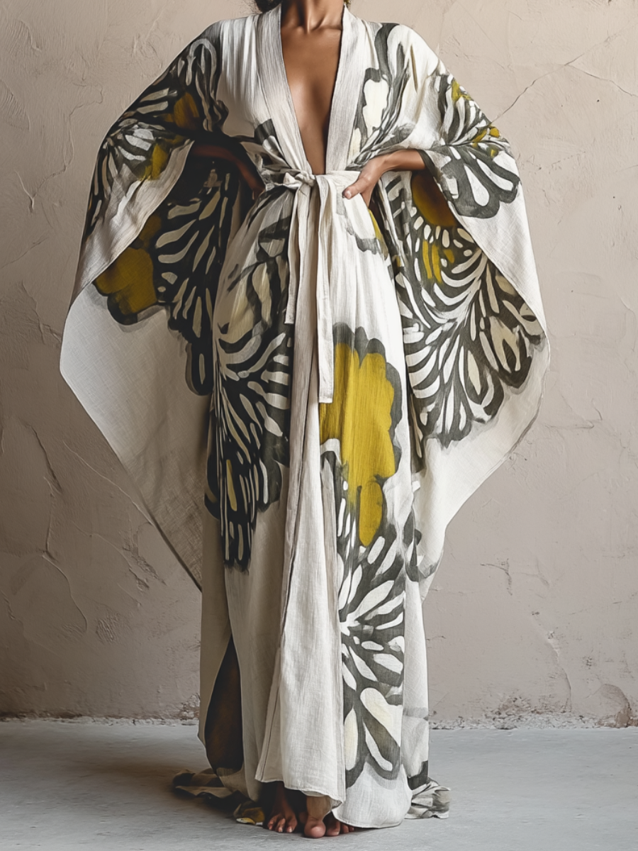 Women's Yellow Floral Kimono Linen Robe (Including Belt)