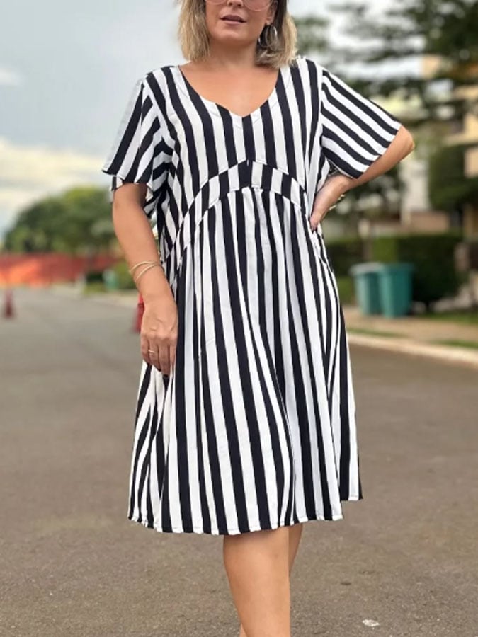Women's Casual V-Neck Short Sleeve Striped Print Contrast Dress
