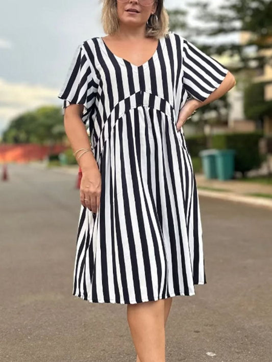 Women's Casual V-Neck Short Sleeve Striped Print Contrast Dress