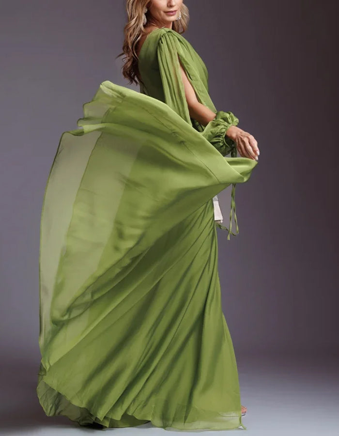Flower Pleated Chiffon Wedding Dress Long Buff Sleeve Flowy V-neck Maxi Dress