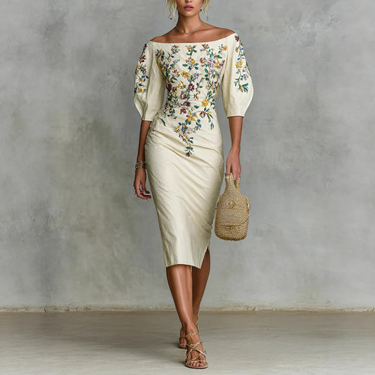 Elegant One-Shoulder Five-Quarter Sleeve Waist-Covering Hip Dress