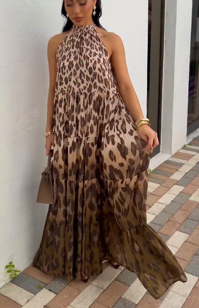 Gradient Leopard Print Halter Neck Tiered Maxi Dress