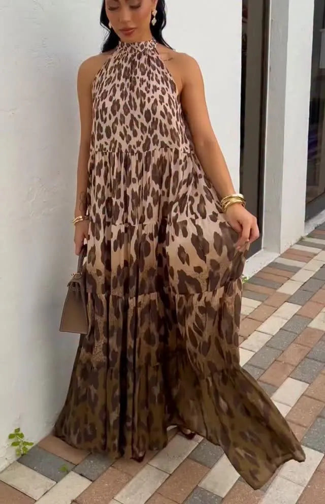 Gradient Leopard Print Halter Neck Tiered Maxi Dress