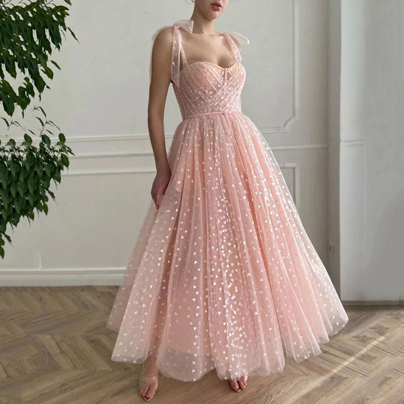 Iridescent Heart Tulle Homecoming Dress with Bow Straps