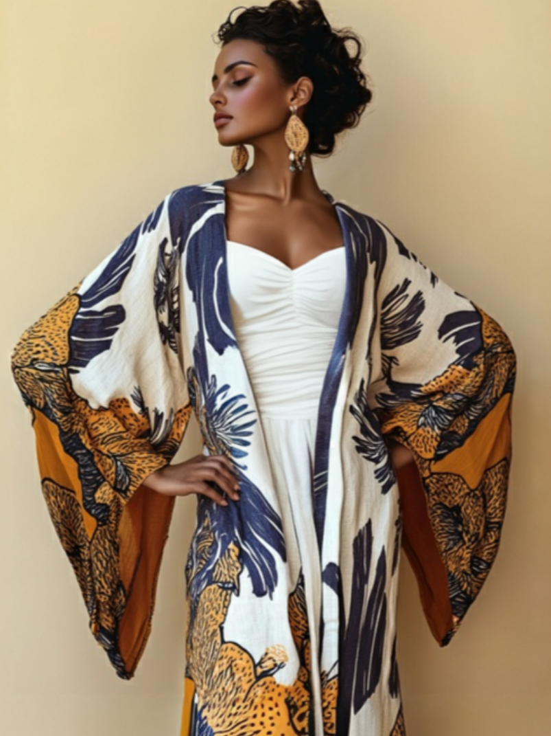Women's Yellow Leopard Print Kimono Linen Robe