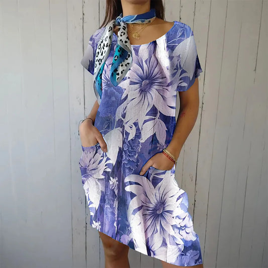 Women's Vintage Purple and Blue Floral Pattern Cotton and Linen Round Neck Dress