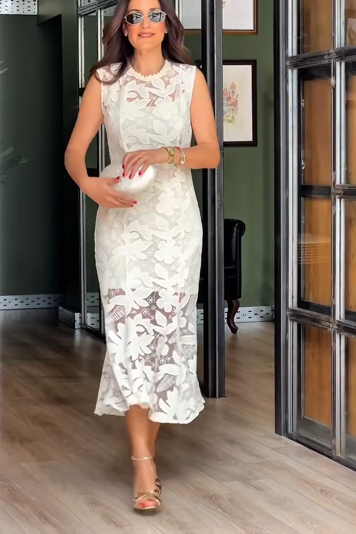 White Floral Lace Mermaid Midi Dress