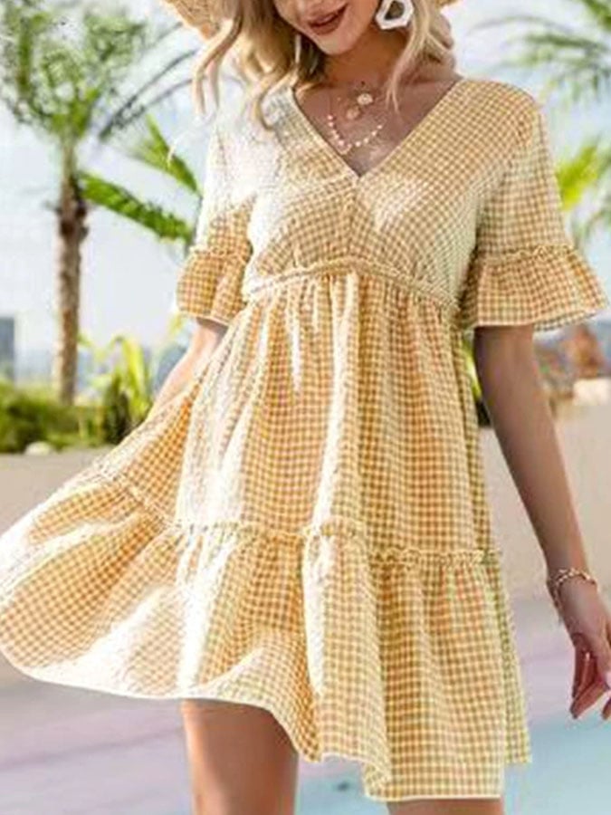 Women'S Casual V-Neck Short-Sleeved Plaid Print Ruffle Stitching Dress