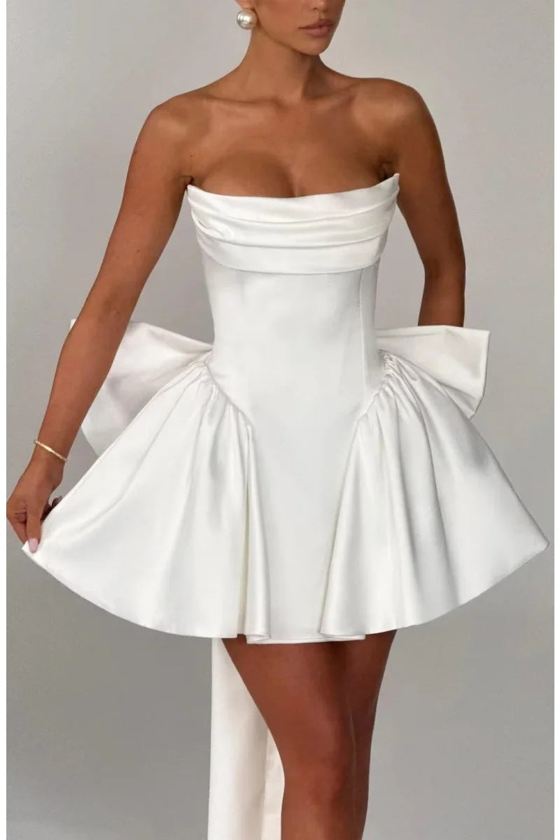 Strapless Satin Corset Homecoming Dress with Back Bow & Train