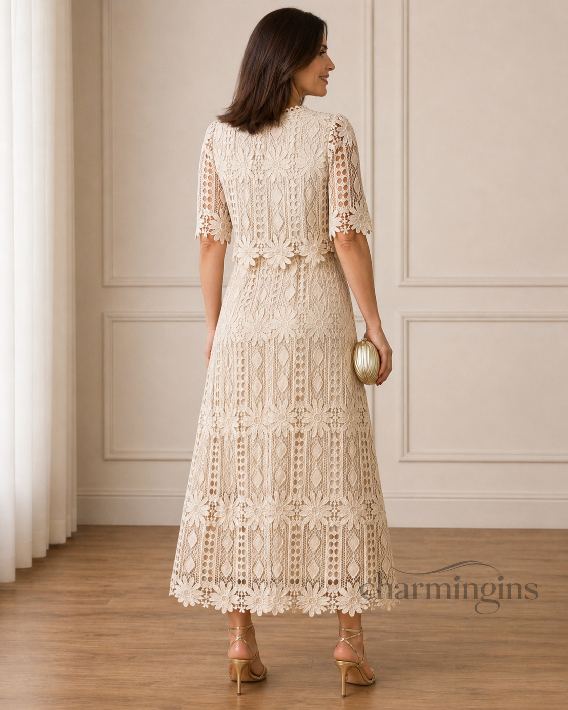 Ivory Crochet Lace Top & Midi Skirt Set