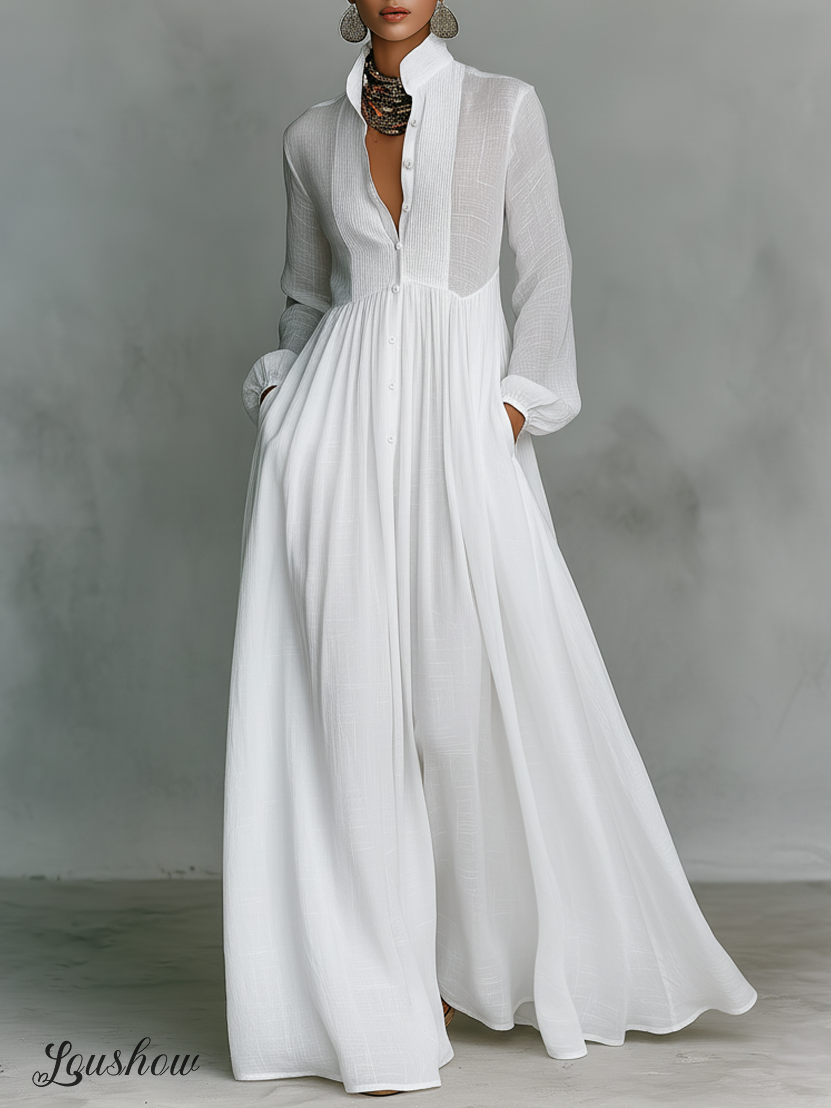 Women's Minimalist Cotton And Linen Patchwork Single-breasted Stand-up Collar Long-sleeved Maxi Dress