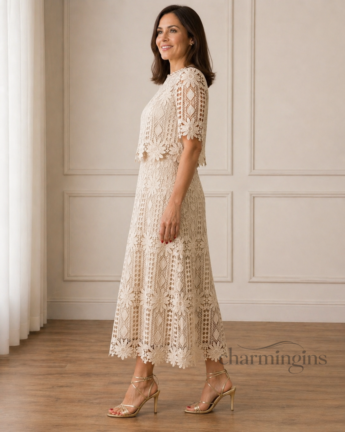 Ivory Crochet Lace Top & Midi Skirt Set