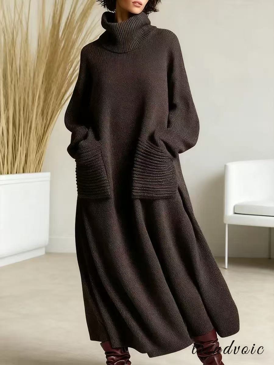 High-end Fashionable Loose Neckline Brown Knitted Maxi Dress