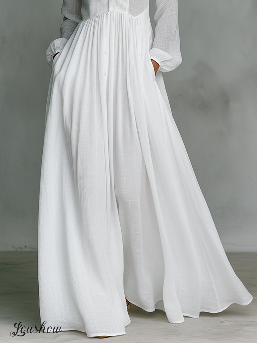 Women's Minimalist Cotton And Linen Patchwork Single-breasted Stand-up Collar Long-sleeved Maxi Dress