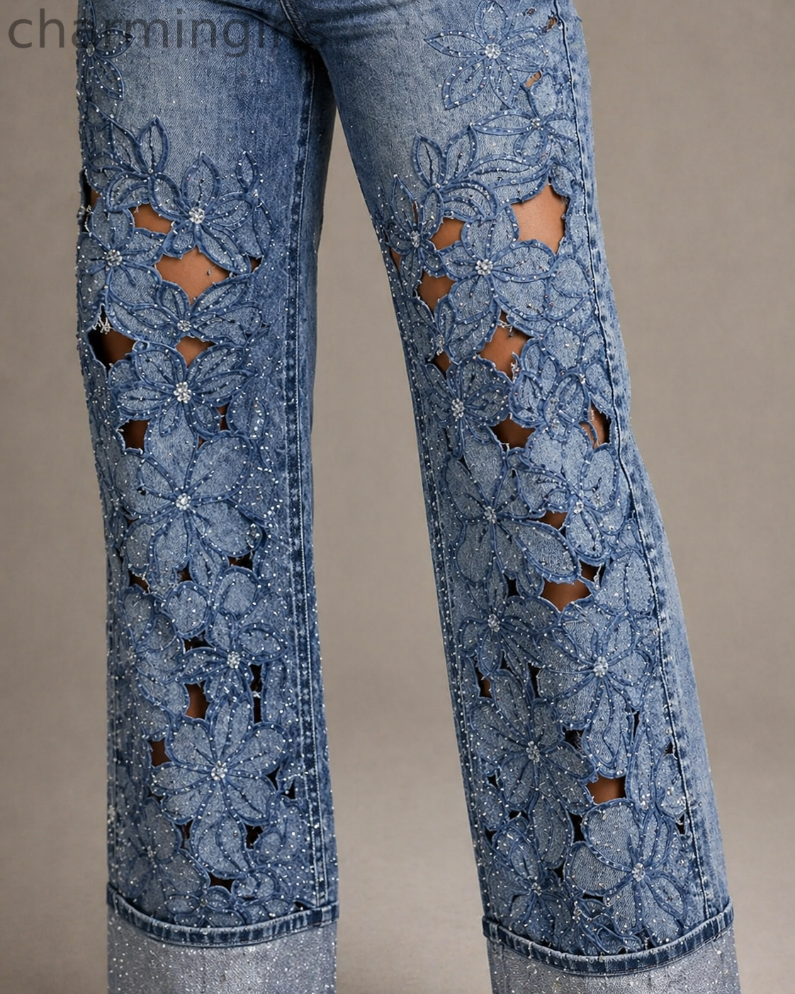 Light Blue Floral Cutout Rhinestone Wide Leg Jeans