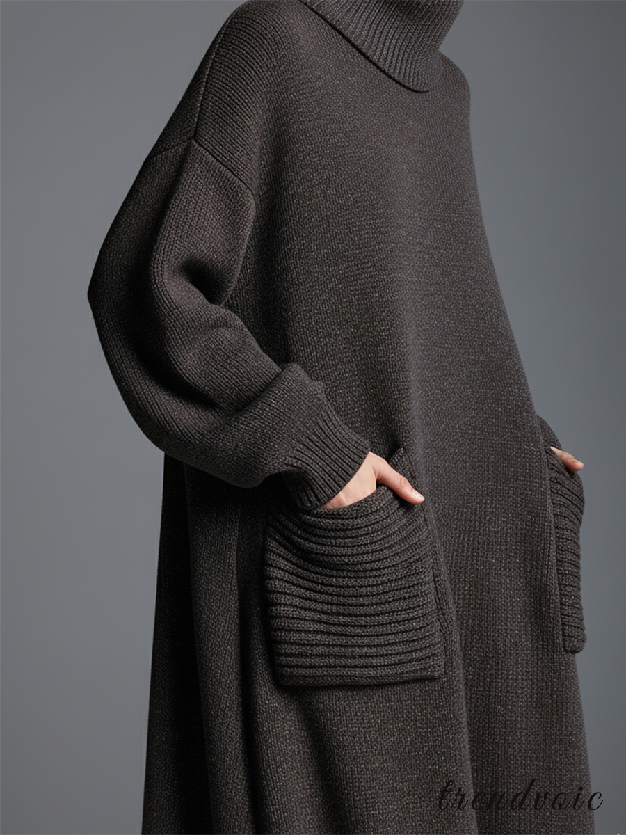 High-end Fashionable Loose Neckline Brown Knitted Maxi Dress