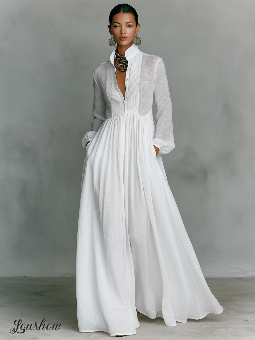 Women's Minimalist Cotton And Linen Patchwork Single-breasted Stand-up Collar Long-sleeved Maxi Dress