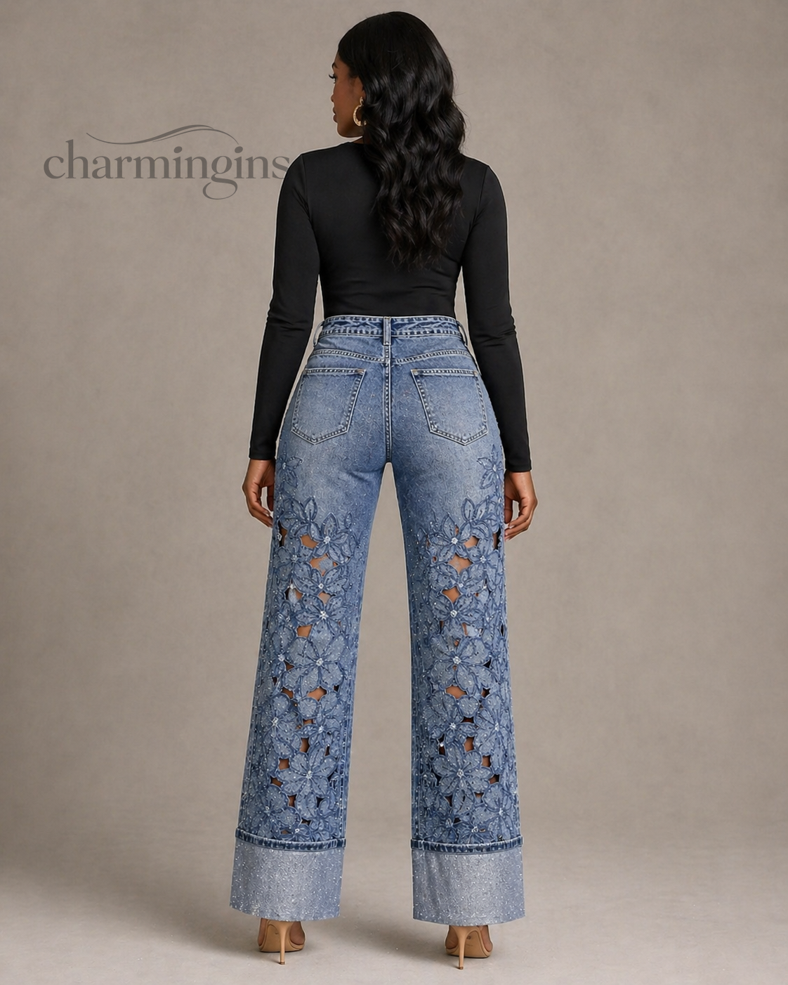 Light Blue Floral Cutout Rhinestone Wide Leg Jeans