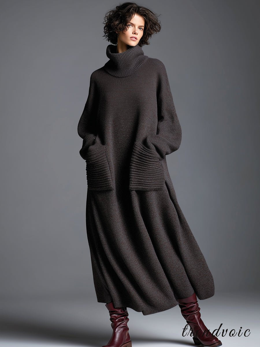 High-end Fashionable Loose Neckline Brown Knitted Maxi Dress