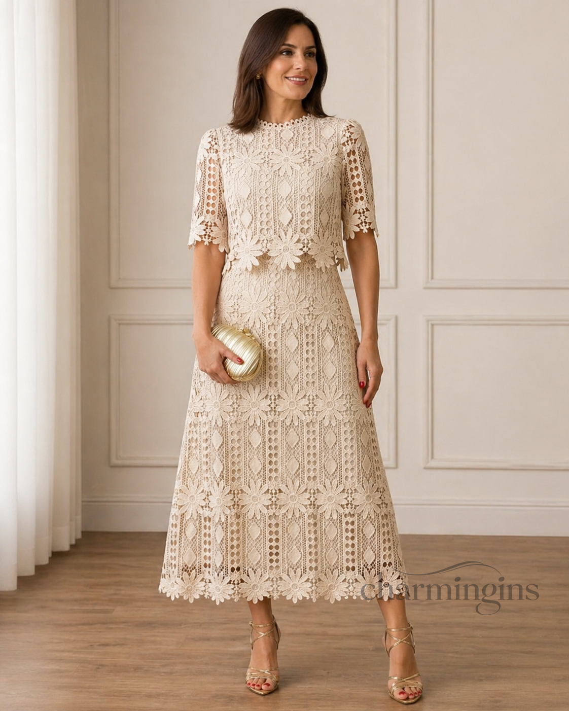 Ivory Crochet Lace Top & Midi Skirt Set