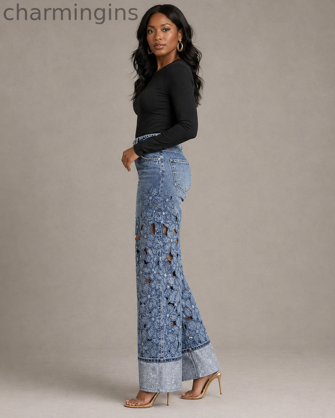 Light Blue Floral Cutout Rhinestone Wide Leg Jeans