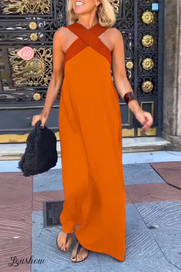 Stylish Crossover Backless Sleeveless Loose Maxi Dress