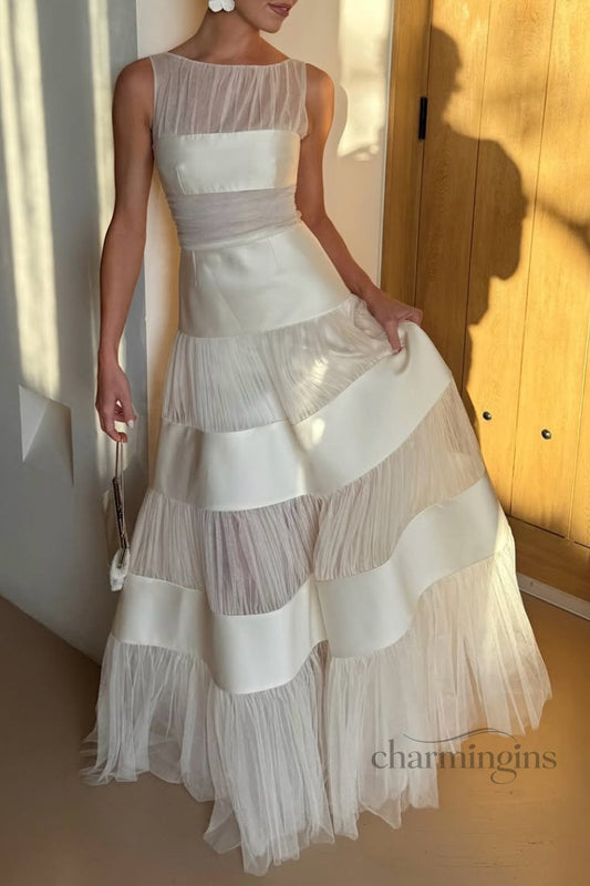 Ivory Satin & Tulle Tiered Evening Gown