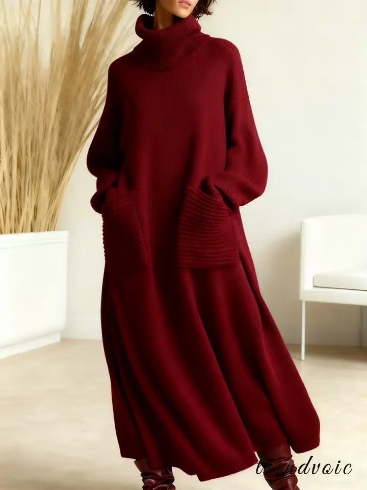 High-end Fashionable Loose Neckline Brown Knitted Maxi Dress