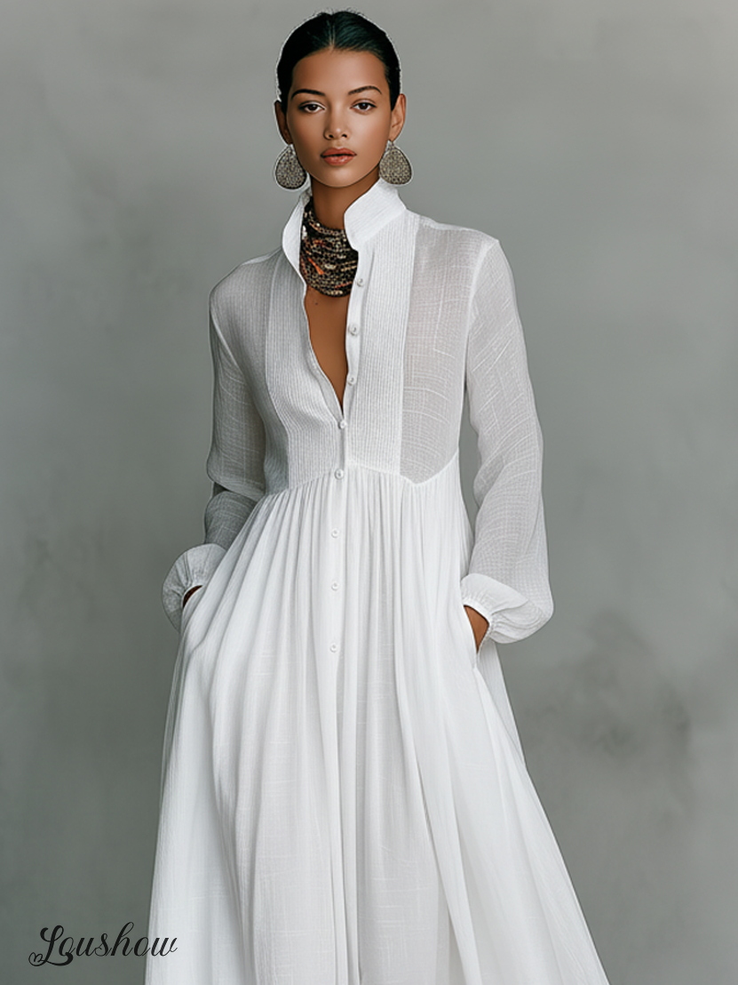 Women's Minimalist Cotton And Linen Patchwork Single-breasted Stand-up Collar Long-sleeved Maxi Dress