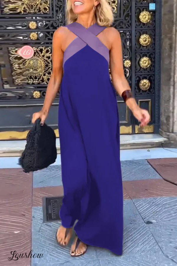 Stylish Crossover Backless Sleeveless Loose Maxi Dress